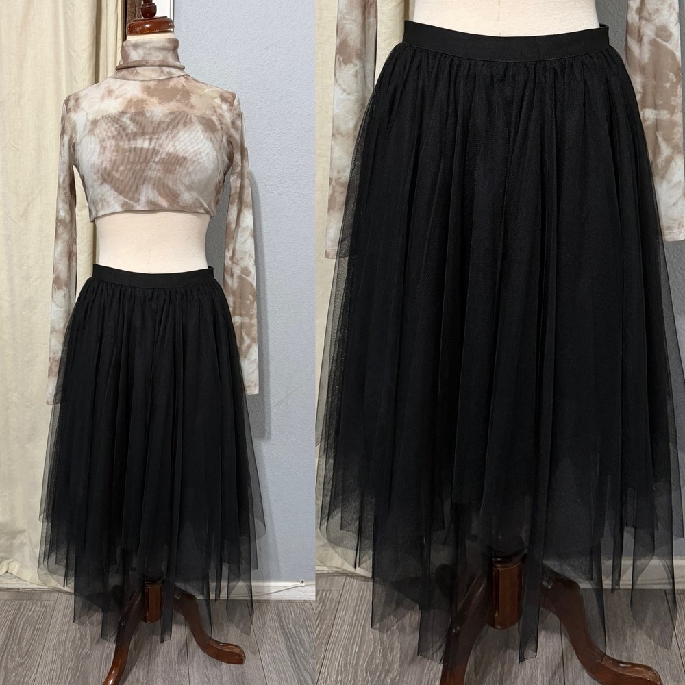Fairy Black Tulle Mesh Handkerchief Hem Midi Skirt Medium Whimsigoth Punk Witchy